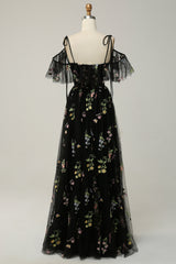 A-Line V-Neck Spaghetti Straps Embroidery Grey Blue Slit Prom Dress