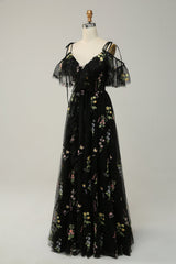 A-Line V-Neck Spaghetti Straps Embroidery Black Slit Prom Dress