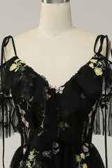 A-Line V-Neck Spaghetti Straps Embroidery Black Slit Prom Dress