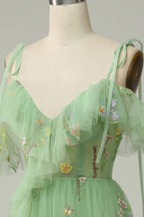 A-Line V-Neck Spaghetti Straps Embroidery Green Slit Prom Dress