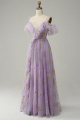 A-Line V-Neck Spaghetti Straps Embroidery Lavender Slit Prom Dress