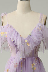 A-Line V-Neck Spaghetti Straps Embroidery Lavender Slit Prom Dress