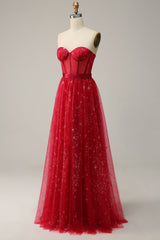 Red Strapless Tulle Corset Prom Dress