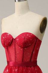 Red Strapless Tulle Corset Prom Dress