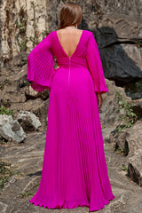 A Line Deep V Neck Dark Fuchsia Plus Size Prom Dress with Long Sleeves