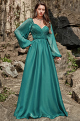 A Line Sweetheart Dark Green Long Prom Dress with Long Sleeves