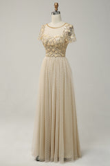 A Line Flower Beaded Apricot Long Prom Dress