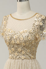 A Line Flower Beaded Apricot Long Prom Dress