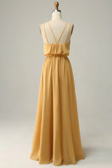 Bow A-line neck hanging yellow long bridesmaid dress