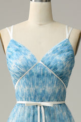 Blue Printed A-Line Tulle Long Bridesmaid Dress