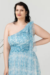 Blue Print One Shoulder Plus Size Bridesmaid Dress