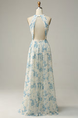 Blue Floral Boho Long Chiffon Bridesmaid Dress