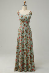 A Line Square Neck Pink Floral Long Bridesmaid Dress with Open Back