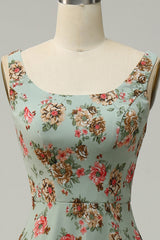 A Line Square Neck Green Floral Long Bridesmaid Dress with Open Back