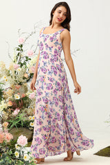 A Line Square Neck Pink Floral Printed Long Bridesmaid Dress with Open Back
