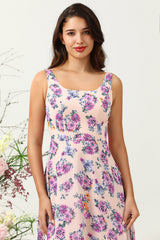 A Line Square Neck Pink Floral Printed Long Bridesmaid Dress with Open Back