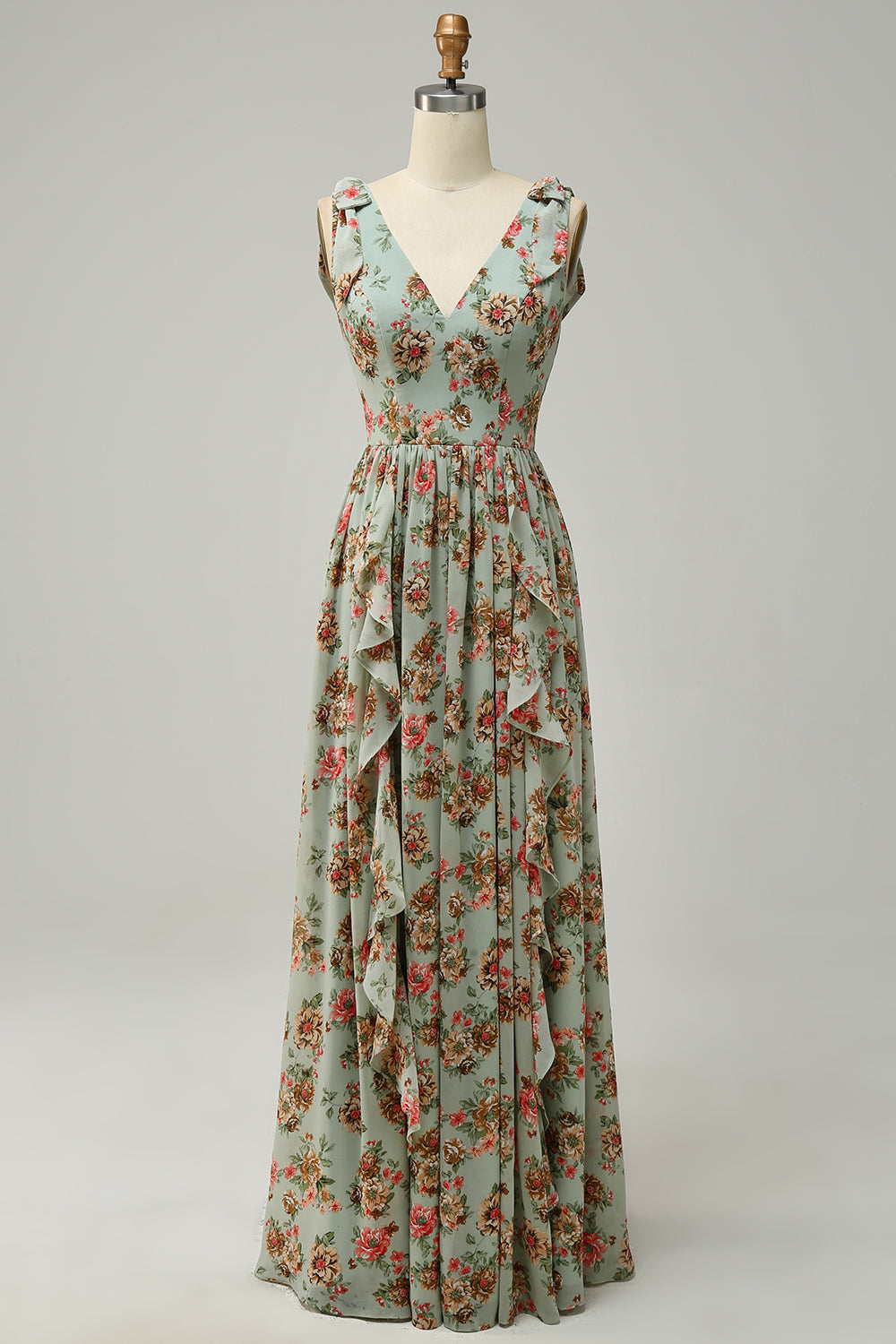 A Line V Neck Green Floral Printed Long Bridesmaid Dress