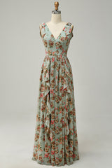 A Line V Neck Green Floral Printed Long Bridesmaid Dress