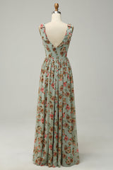 A Line V Neck Green Floral Printed Long Bridesmaid Dress
