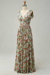 A Line V Neck Green Floral Printed Long Bridesmaid Dress