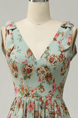 A Line V Neck Green Floral Printed Long Bridesmaid Dress