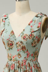 A Line V Neck Green Floral Printed Long Bridesmaid Dress
