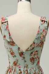 A Line V Neck Green Floral Printed Long Bridesmaid Dress