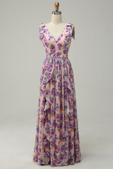 A Line V Neck Pink Floral Printed Long Bridesmaid Dress