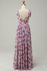 A Line V Neck Pink Floral Printed Long Bridesmaid Dress