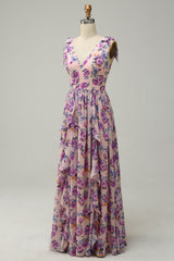 A Line V Neck Pink Floral Printed Long Bridesmaid Dress