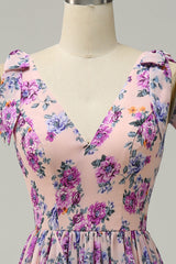 A Line V Neck Pink Floral Printed Long Bridesmaid Dress