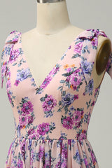A Line V Neck Pink Floral Printed Long Bridesmaid Dress