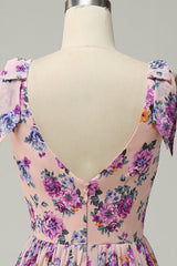 A Line V Neck Pink Floral Printed Long Bridesmaid Dress