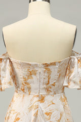 A Line Off the Shoulder Yellow Flower Printed Plus Size Bridesmaid Dress