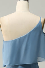 Sheath One Shoulder Blue Plus Size Bridesmaid Dress with Silt