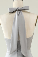 A Line Halter Neck Grey Long Bridesmaid Dress with Slit