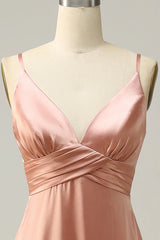 Powder blusher thin shoulder belt slit line bridesmaid dress