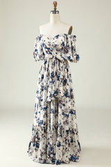 A Line Off the Shoulder White Blue Flower Long Bridesmaid Dress