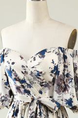A Line Off the Shoulder White Blue Flower Long Bridesmaid Dress