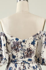 A Line Off the Shoulder White Blue Flower Long Bridesmaid Dress