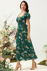 Dark Green Floral Boho Bridesmaid Dress