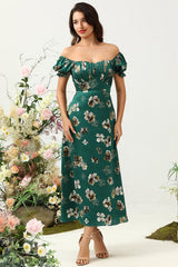 Dark Green Floral Boho Bridesmaid Dress