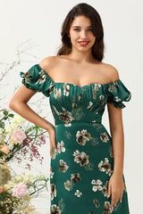 Dark Green Floral Boho Bridesmaid Dress