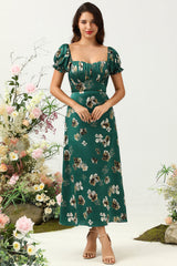 Dark Green Floral Boho Bridesmaid Dress