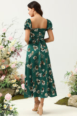 Dark Green Floral Boho Bridesmaid Dress