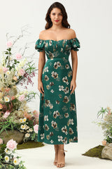 Dark Green Floral Boho Bridesmaid Dress