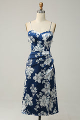 Ink Blue Floral Tea-Length Bridesmaid Dress