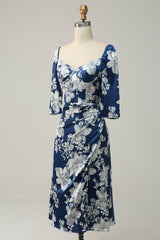 Ink Blue Floral Tea-Length Bridesmaid Dress with Sleeves