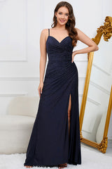 Mermaid Spaghetti Straps Navy Long Prom Dress with Beading