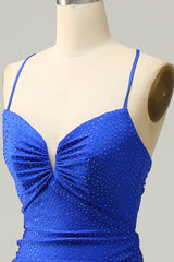 Mermaid Spaghetti Straps Royal Blue Long Prom Dress with Beading